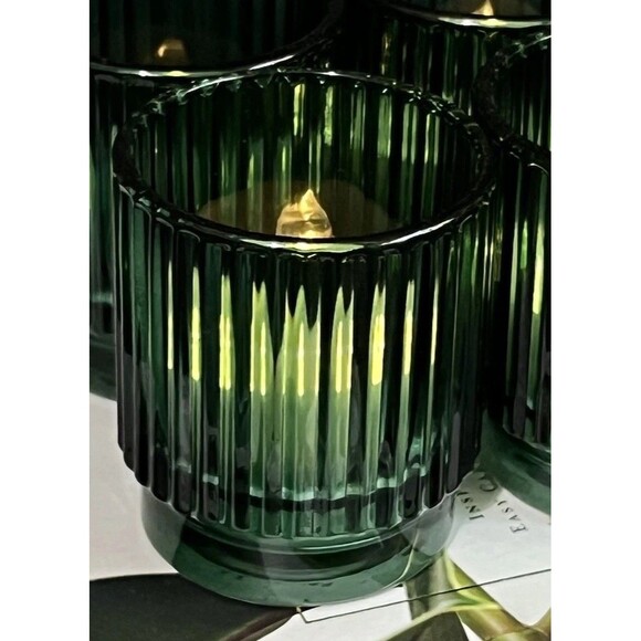 Ribbed Glass Votive Candle Holder Emerald Green Round Holiday Wedding Decor - Picture 3 of 17